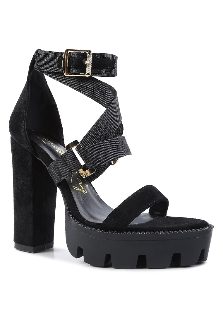 Fresh Daisy Harness Block Heel Sandals - Platform Chunky Heel with Gold Buckles - Style Queenz
