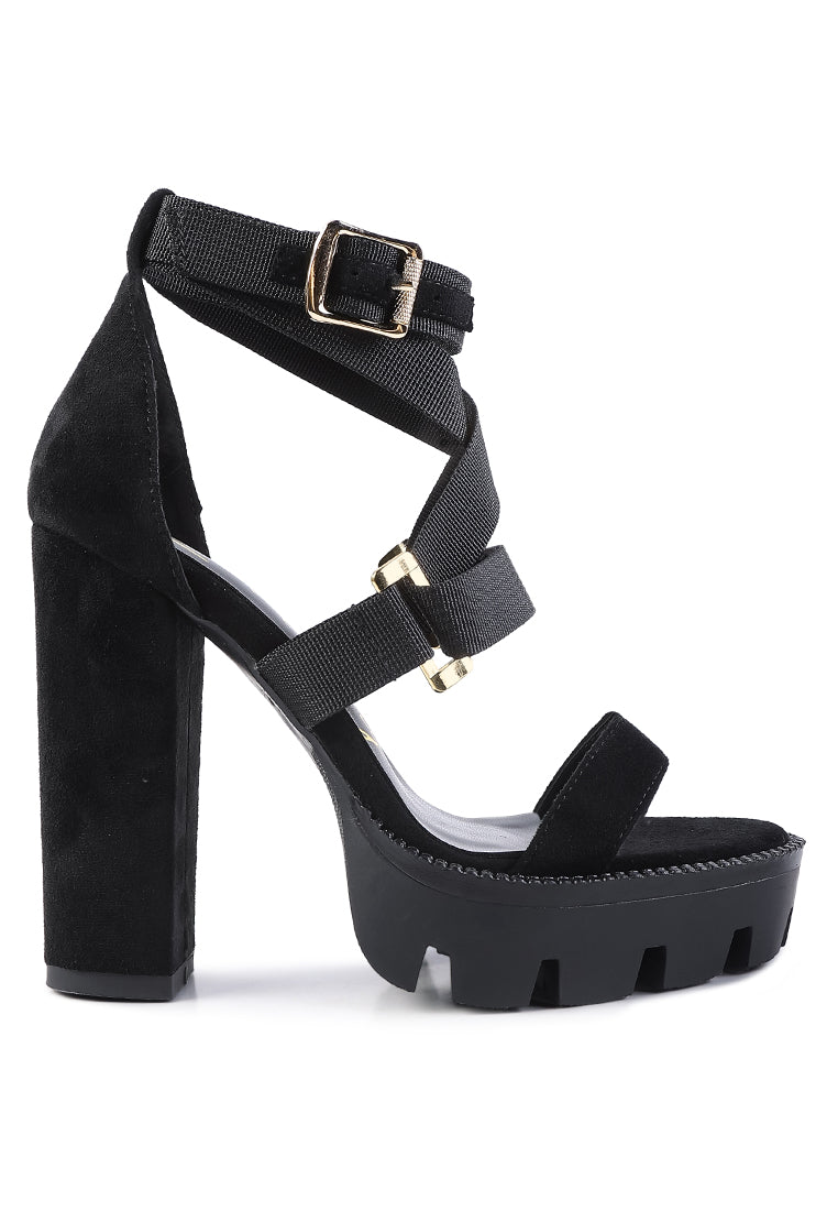 Fresh Daisy Harness Block Heel Sandals - Platform Chunky Heel with Gold Buckles - Style Queenz