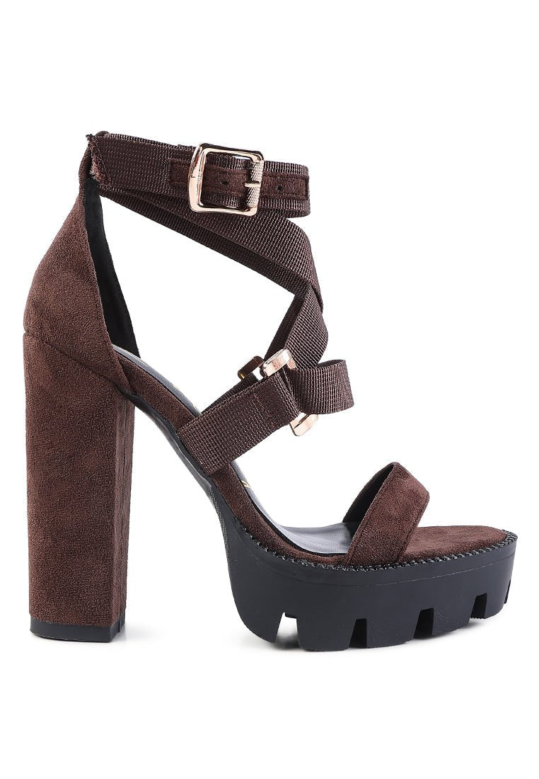 Fresh Daisy Harness Block Heel Sandals - Platform Chunky Heel with Gold Buckles - Style Queenz
