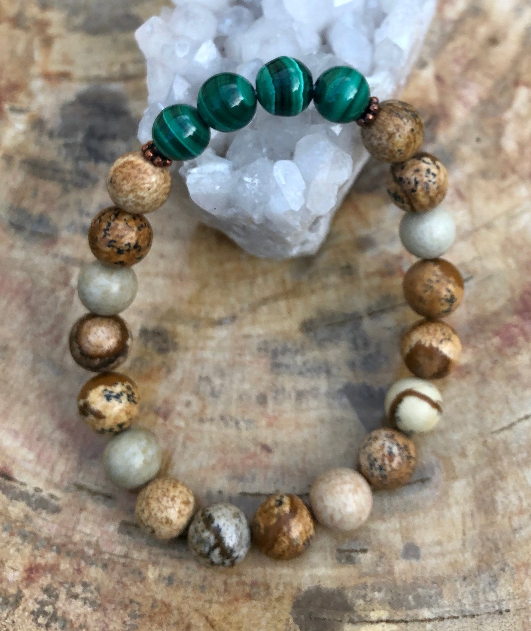 Genuine Malachite Picture Jasper Stretch Bracelet - Natural Healing Crystal Jewelry - Style Queenz