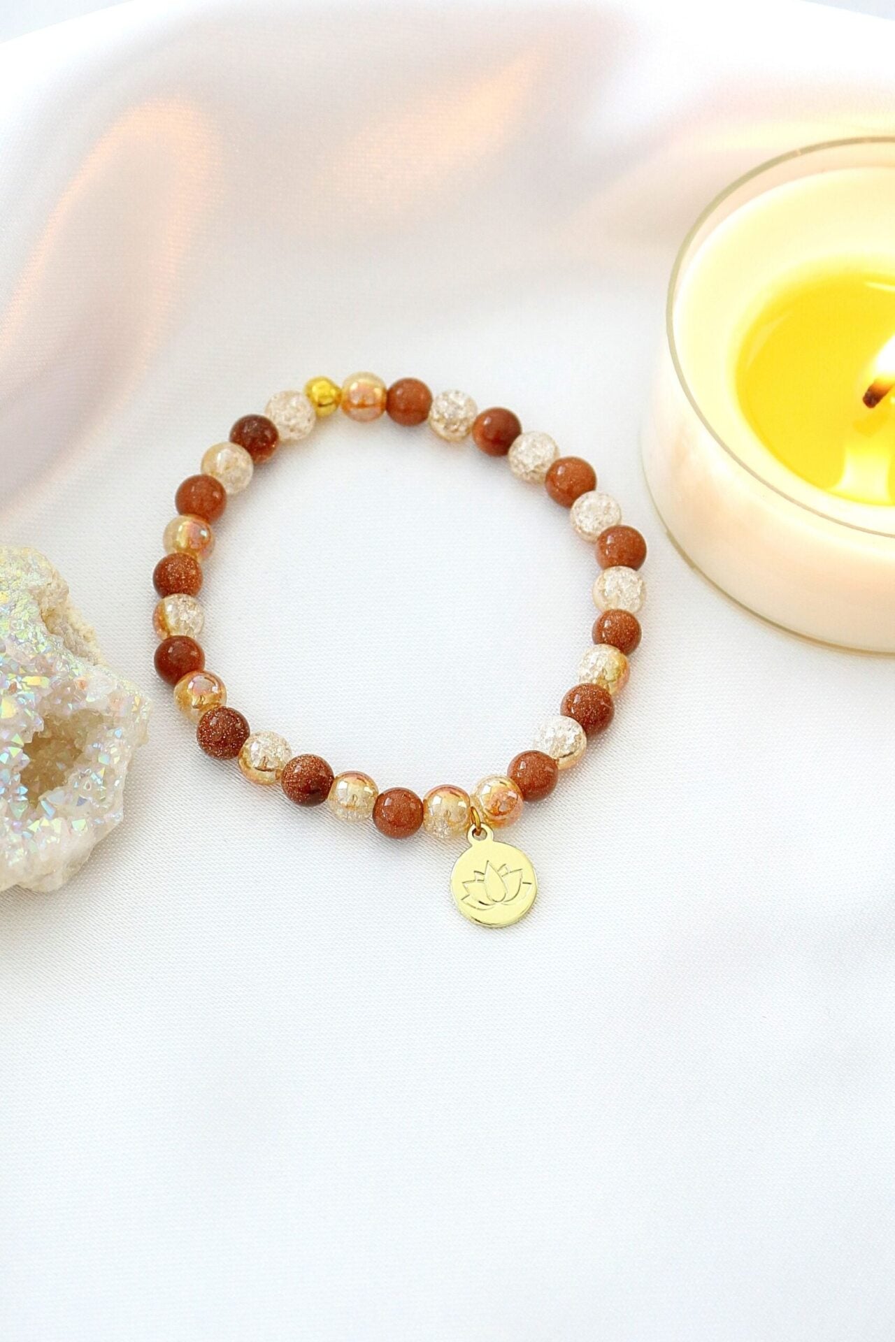Goldstone Healing Bracelet with 24K Gold Lotus Charm - Natural Crystal Jewelry for Good Luck - Style Queenz