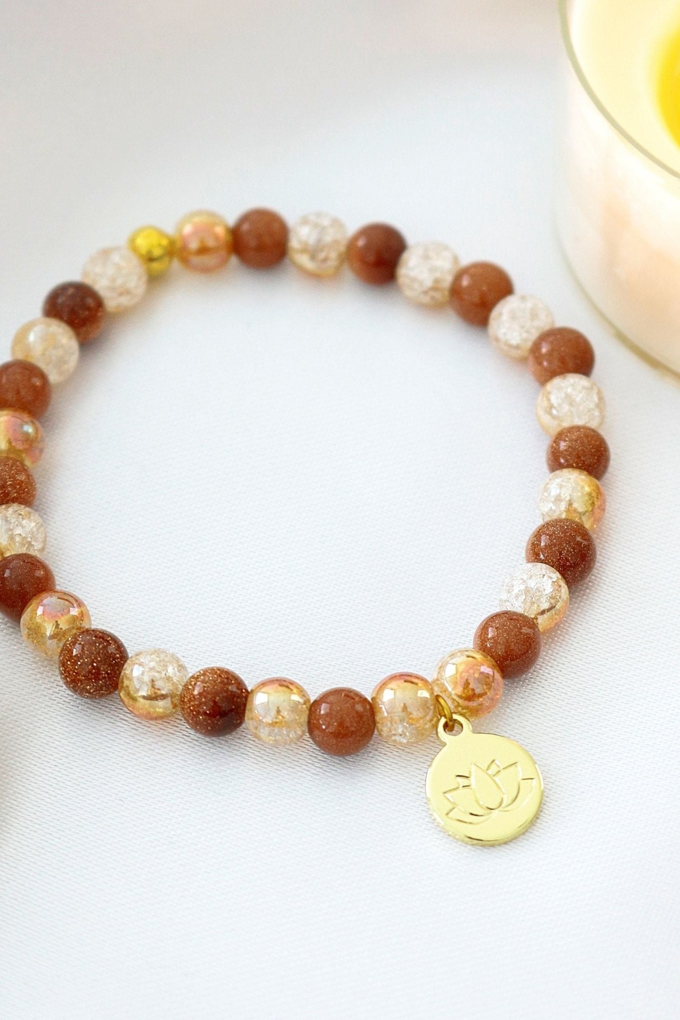 Goldstone Healing Bracelet with 24K Gold Lotus Charm - Natural Crystal Jewelry for Good Luck - Style Queenz