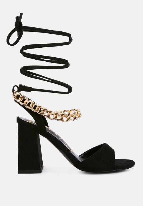 Gone Gurl Chain Lace Up Sandals - Block Heel with Gold Chain Detail - Style Queenz