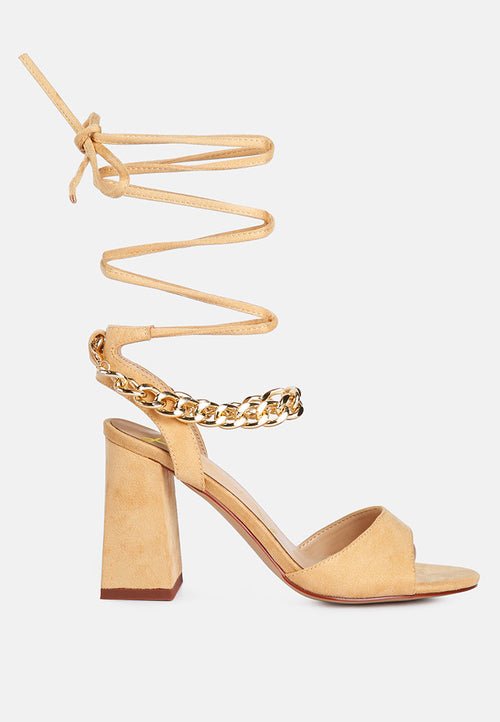 Gone Gurl Chain Lace Up Sandals - Block Heel with Gold Chain Detail - Style Queenz