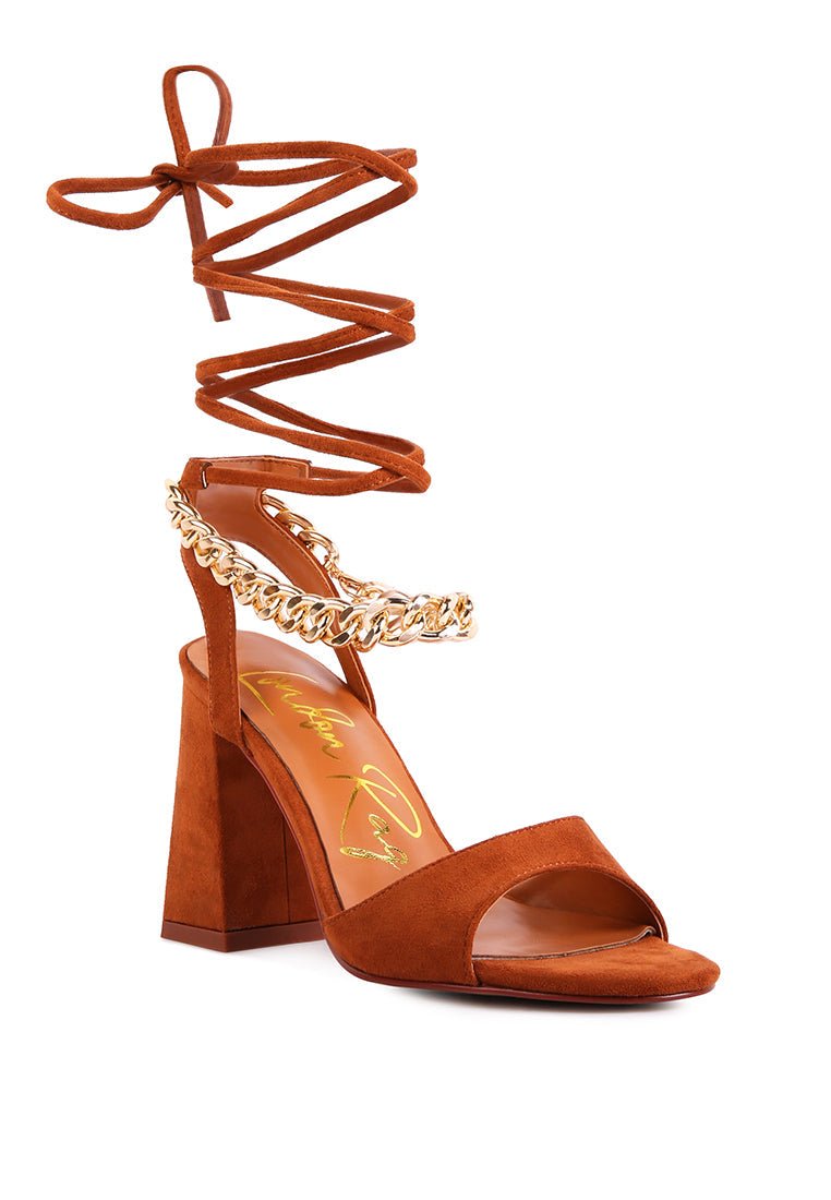 Gone Gurl Chain Lace Up Sandals - Block Heel with Gold Chain Detail - Style Queenz