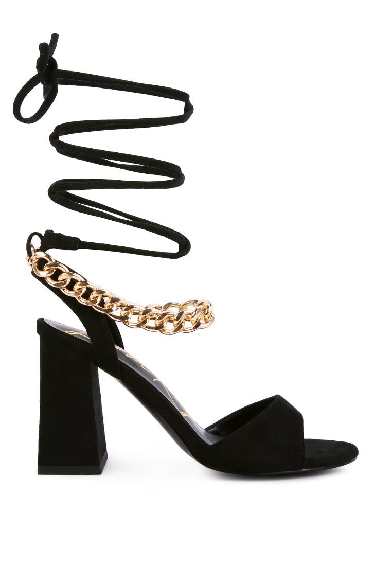 Gone Gurl Chain Lace Up Sandals - Block Heel with Gold Chain Detail - Style Queenz