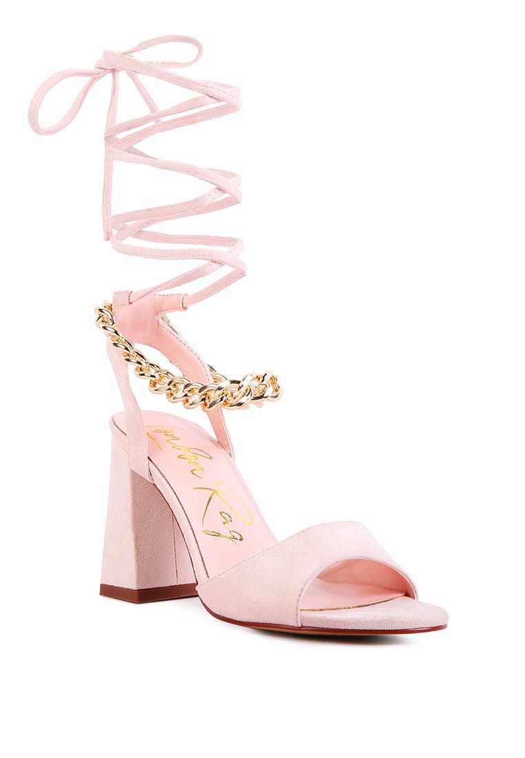 Gone Gurl Chain Lace Up Sandals - Block Heel with Gold Chain Detail - Style Queenz