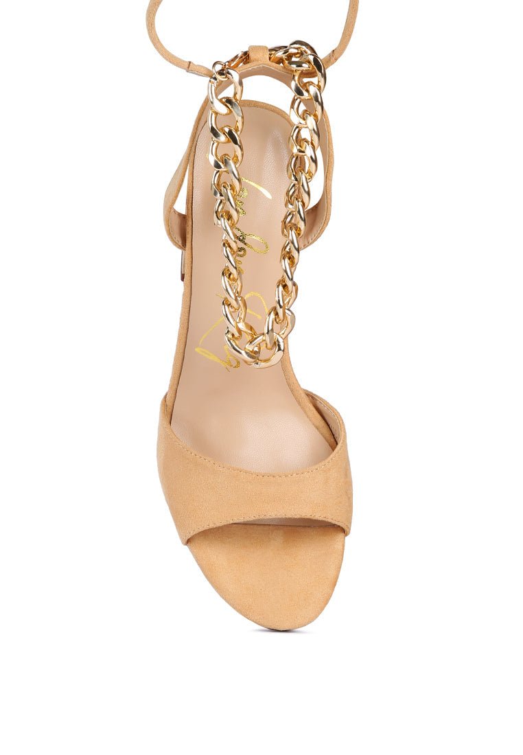 Gone Gurl Chain Lace Up Sandals - Block Heel with Gold Chain Detail - Style Queenz