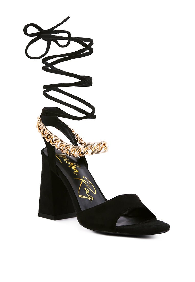Gone Gurl Chain Lace Up Sandals - Block Heel with Gold Chain Detail - Style Queenz