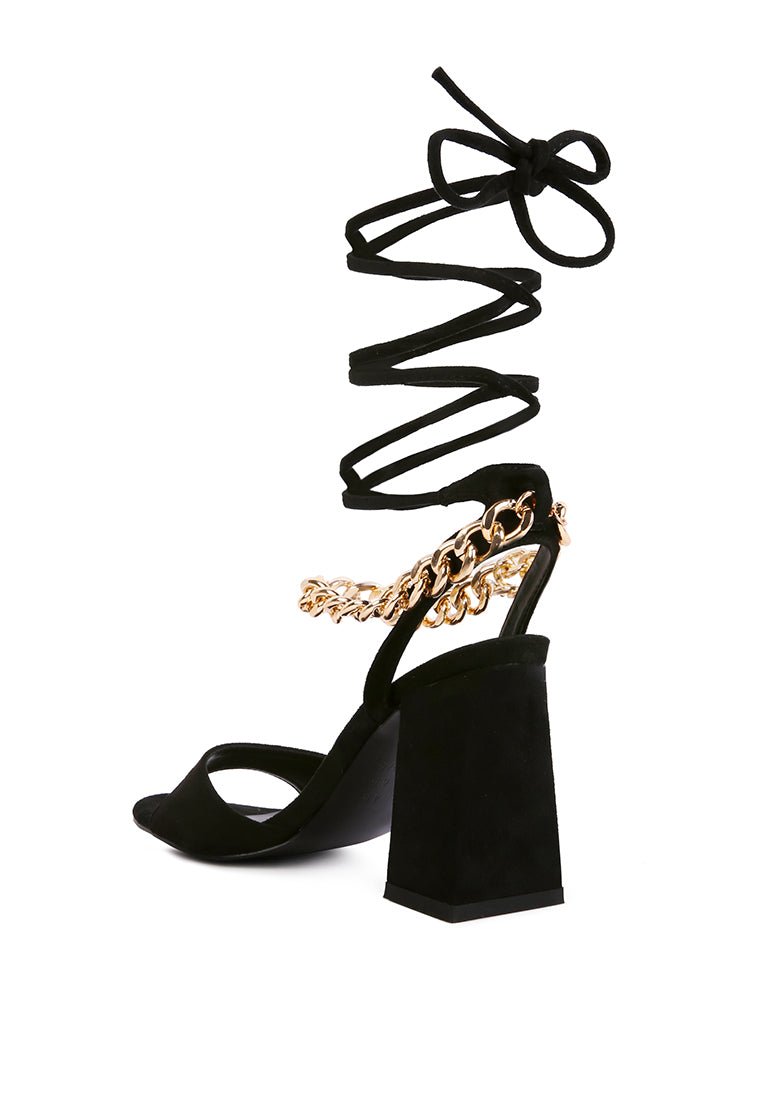 Gone Gurl Chain Lace Up Sandals - Block Heel with Gold Chain Detail - Style Queenz