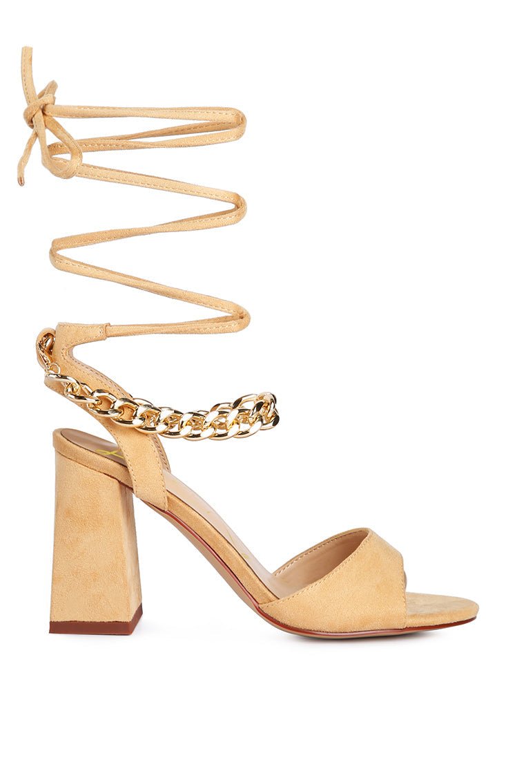 Gone Gurl Chain Lace Up Sandals - Block Heel with Gold Chain Detail - Style Queenz