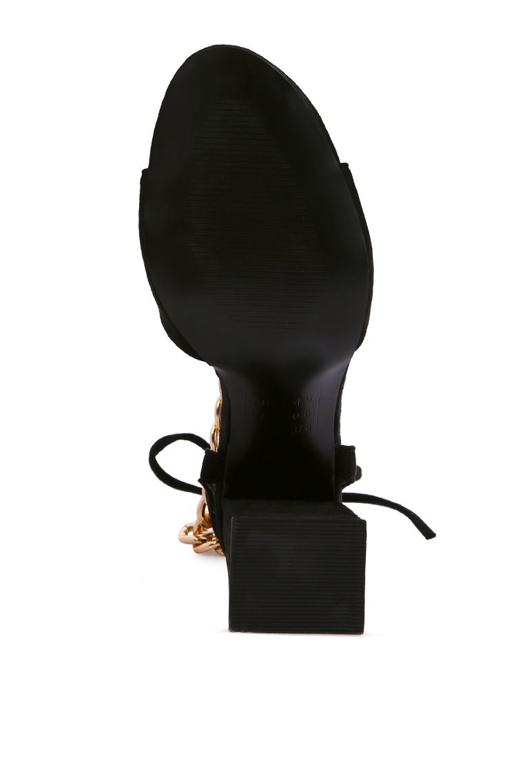 Gone Gurl Chain Lace Up Sandals - Block Heel with Gold Chain Detail - Style Queenz