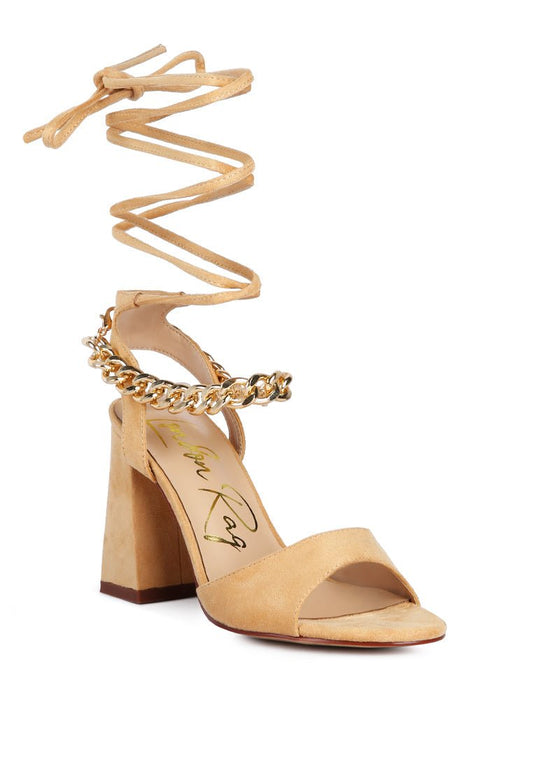 Gone Gurl Chain Lace Up Sandals - Block Heel with Gold Chain Detail - Style Queenz