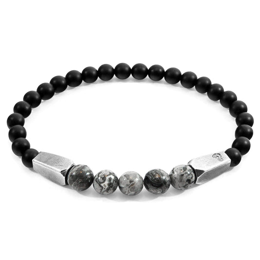 Grey Jasper Hukou Bracelet - Sterling Silver & Black Agate Beaded Jewelry - Style Queenz