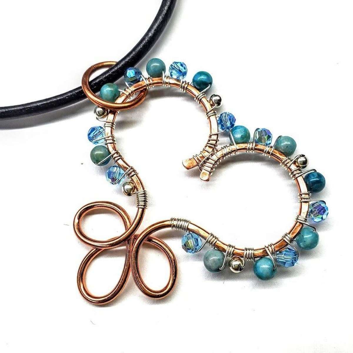 Handmade Copper Wire Wrapped Turquoise Heart Necklace - Adjustable Leather Cord - Style Queenz