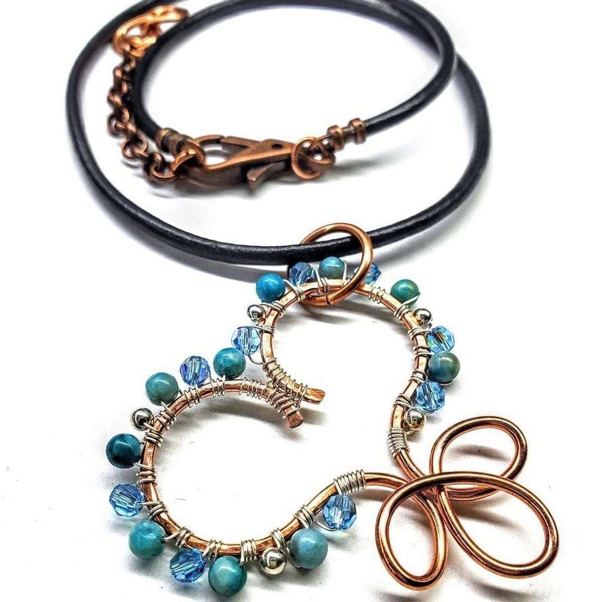 Handmade Copper Wire Wrapped Turquoise Heart Necklace - Adjustable Leather Cord - Style Queenz