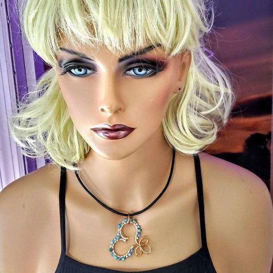 Handmade Copper Wire Wrapped Turquoise Heart Necklace - Adjustable Leather Cord - Style Queenz