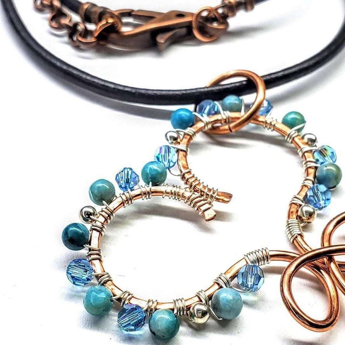 Handmade Copper Wire Wrapped Turquoise Heart Necklace - Adjustable Leather Cord - Style Queenz