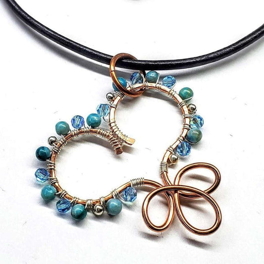 Handmade Copper Wire Wrapped Turquoise Heart Necklace - Adjustable Leather Cord - Style Queenz