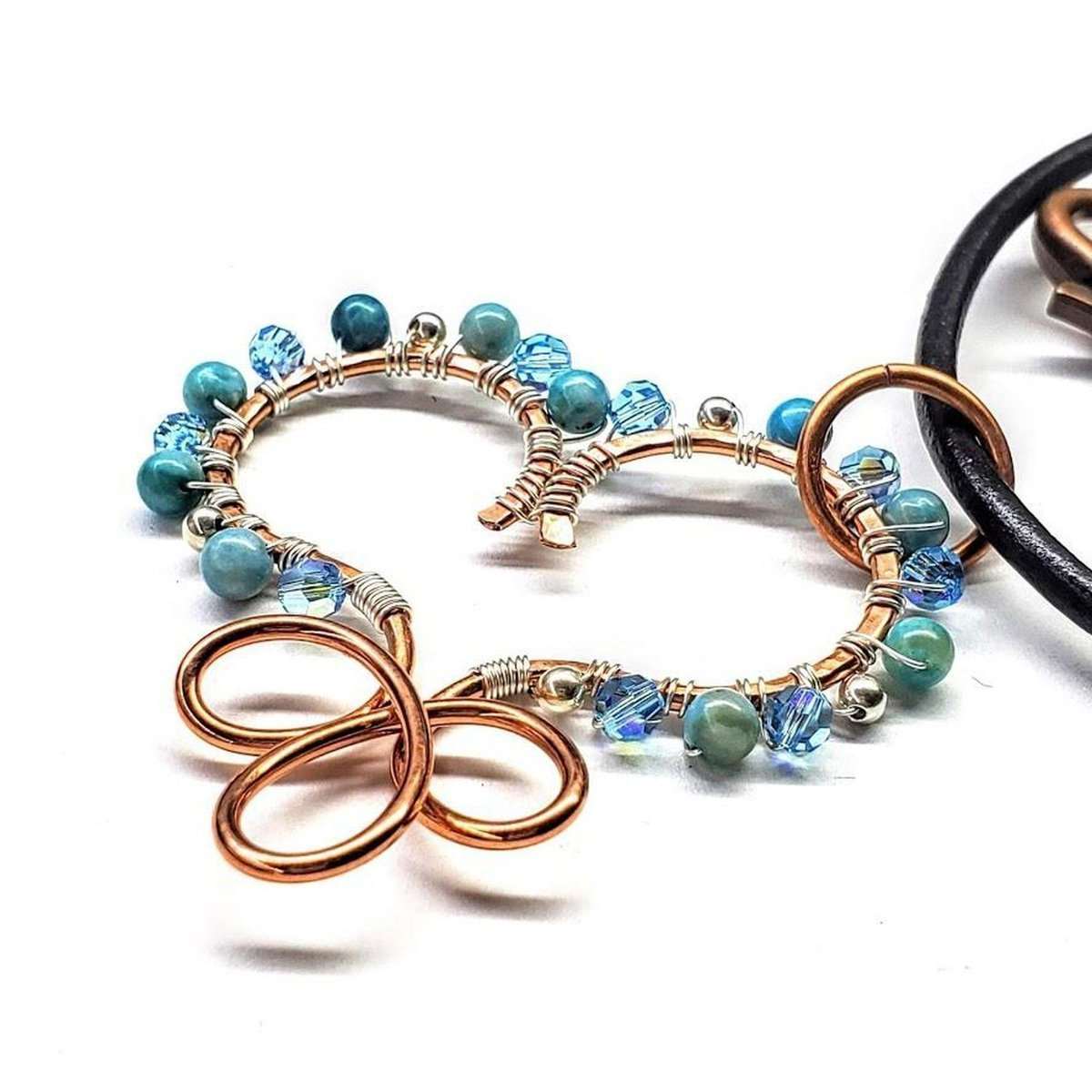 Handmade Copper Wire Wrapped Turquoise Heart Necklace - Adjustable Leather Cord - Style Queenz