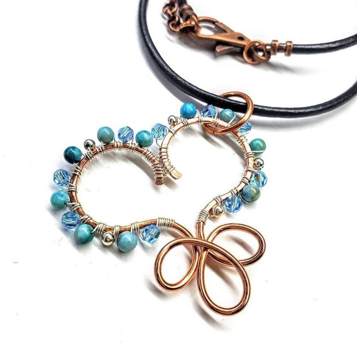 Handmade Copper Wire Wrapped Turquoise Heart Necklace - Adjustable Leather Cord - Style Queenz