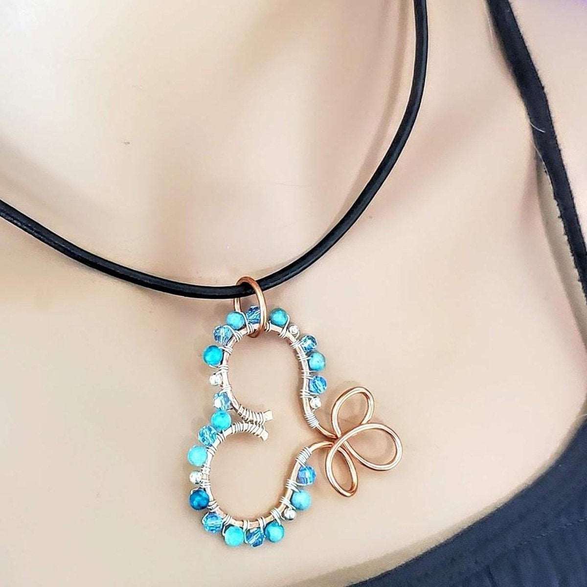 Handmade Copper Wire Wrapped Turquoise Heart Necklace - Adjustable Leather Cord - Style Queenz