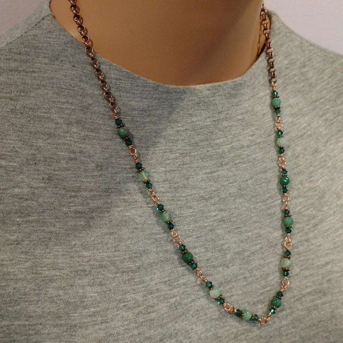 Handmade Wire Wrapped Emerald Agate Necklace - 24 Inch Copper Gemstone Jewelry - Style Queenz