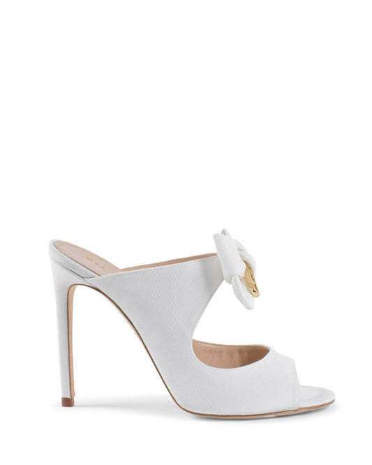 Helen High Mule White - Italian Grosgrain Designer Heels 9cm with Gold Logo - Style Queenz