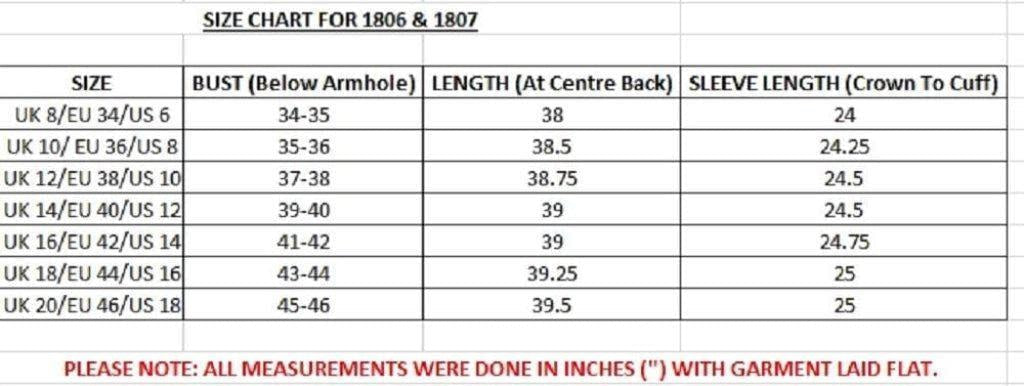 Size chart for clothing with measurements in inches