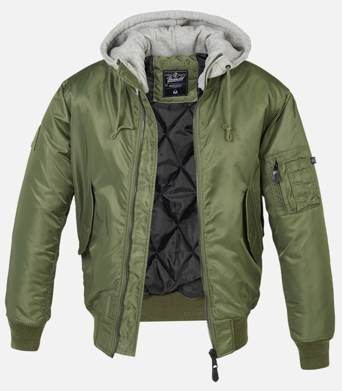Green bomber jacket with gray hood on a white background