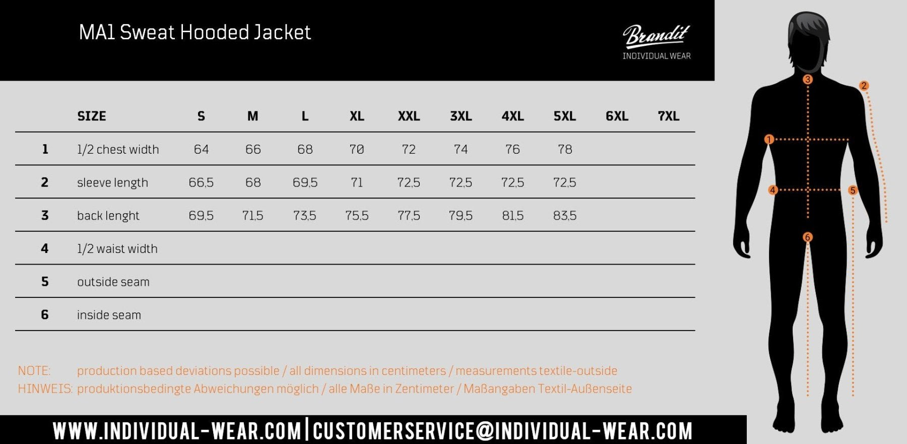 Size chart for a sweat hooded jacket with measurements and a silhouette of a person.