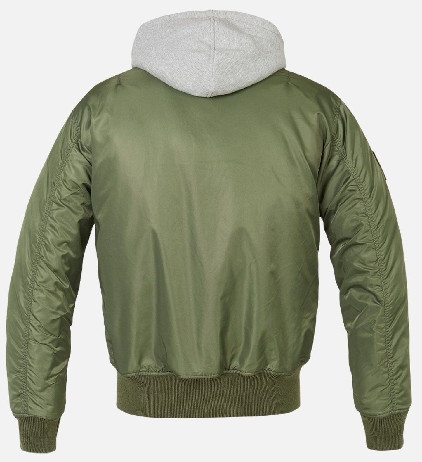 Green bomber jacket with gray hood on a white background