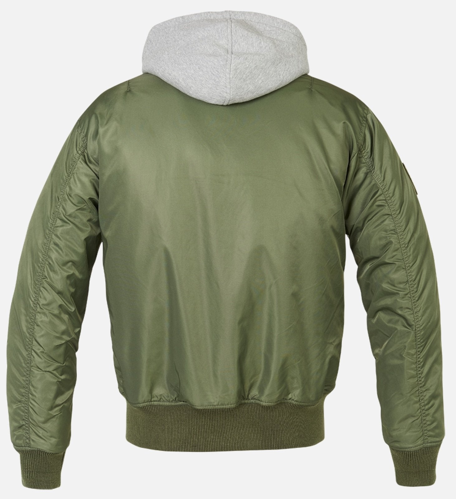 Green bomber jacket with gray hood on a white background