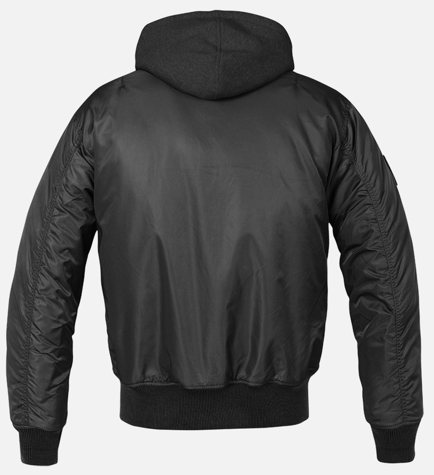 Black bomber jacket with hood on a light gray background