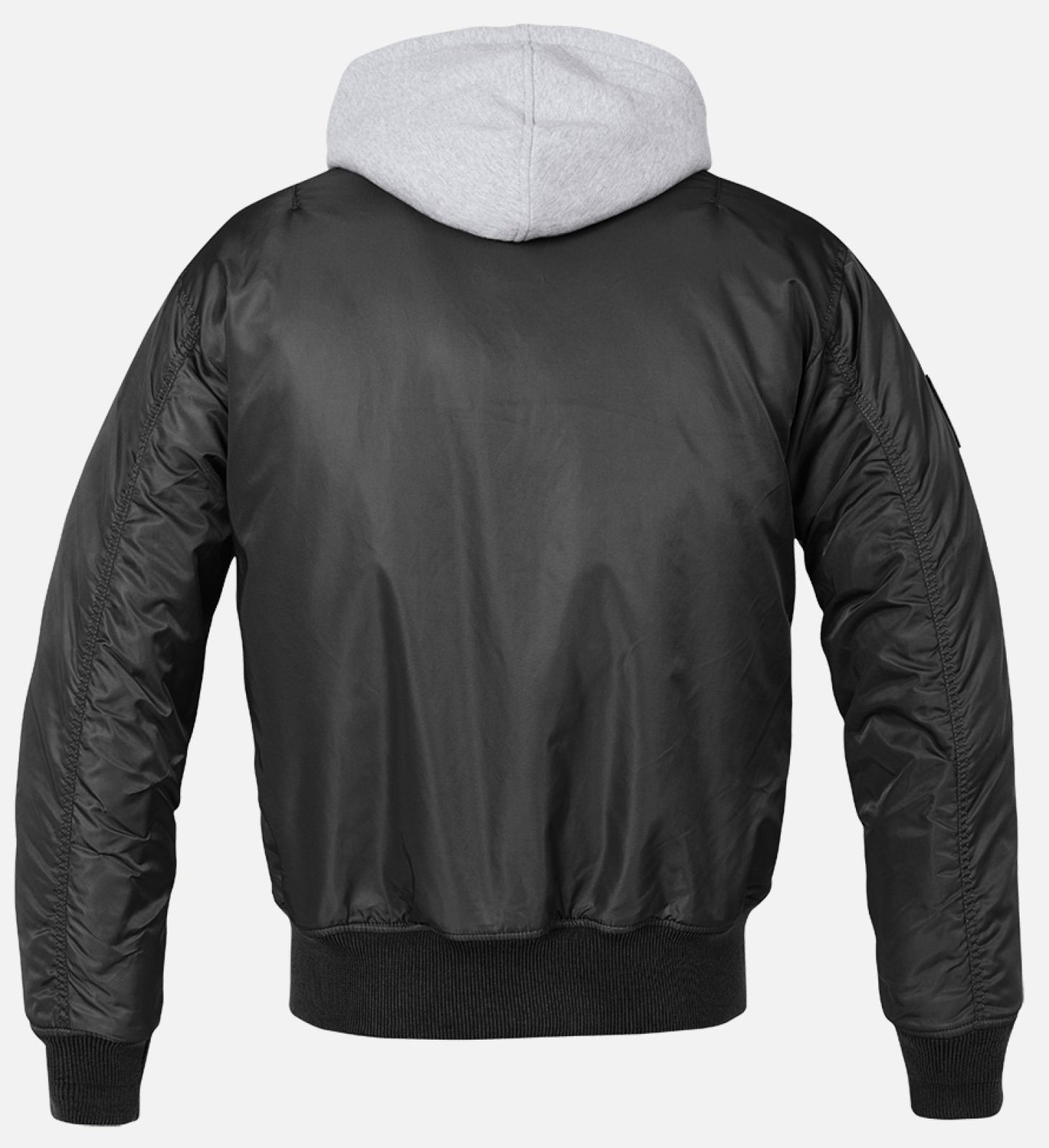 Black bomber jacket with gray hood on a light gray background
