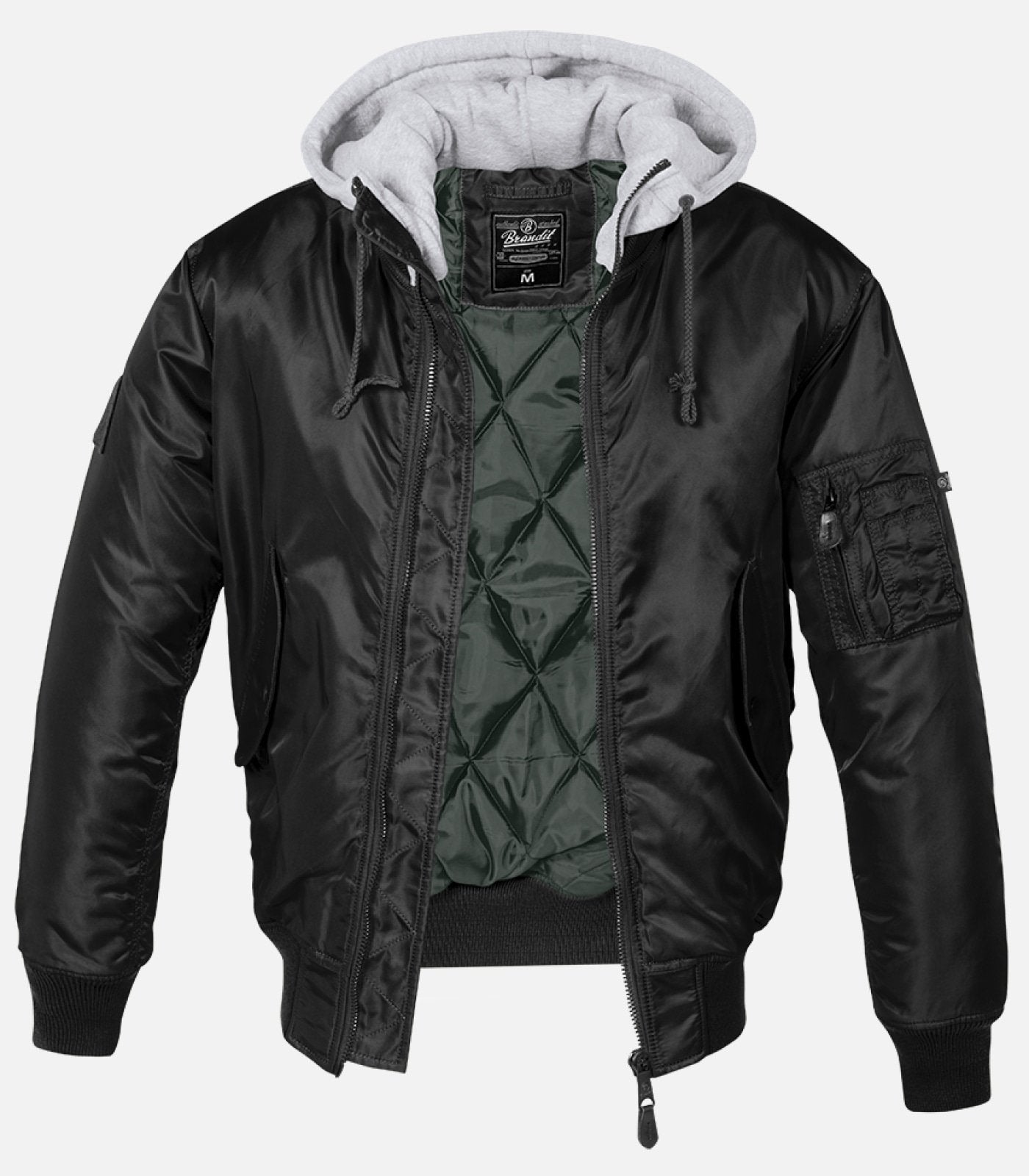 Black bomber jacket with gray hood on a white background