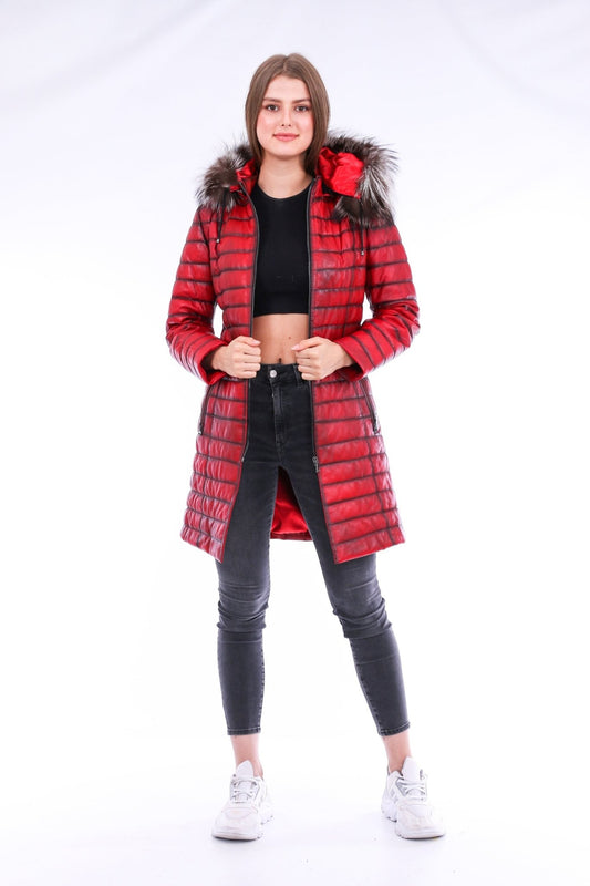Inverno Red Leather Trench Coat - Premium Sheepskin with Fox Fur Collar - Style Queenz