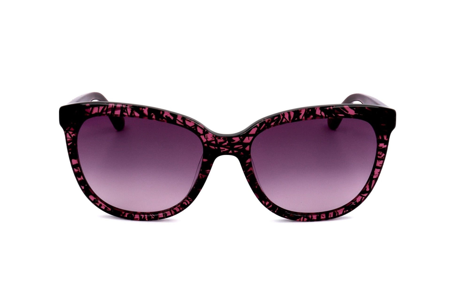 Sunglasses with black frame and pink leopard print on a white background