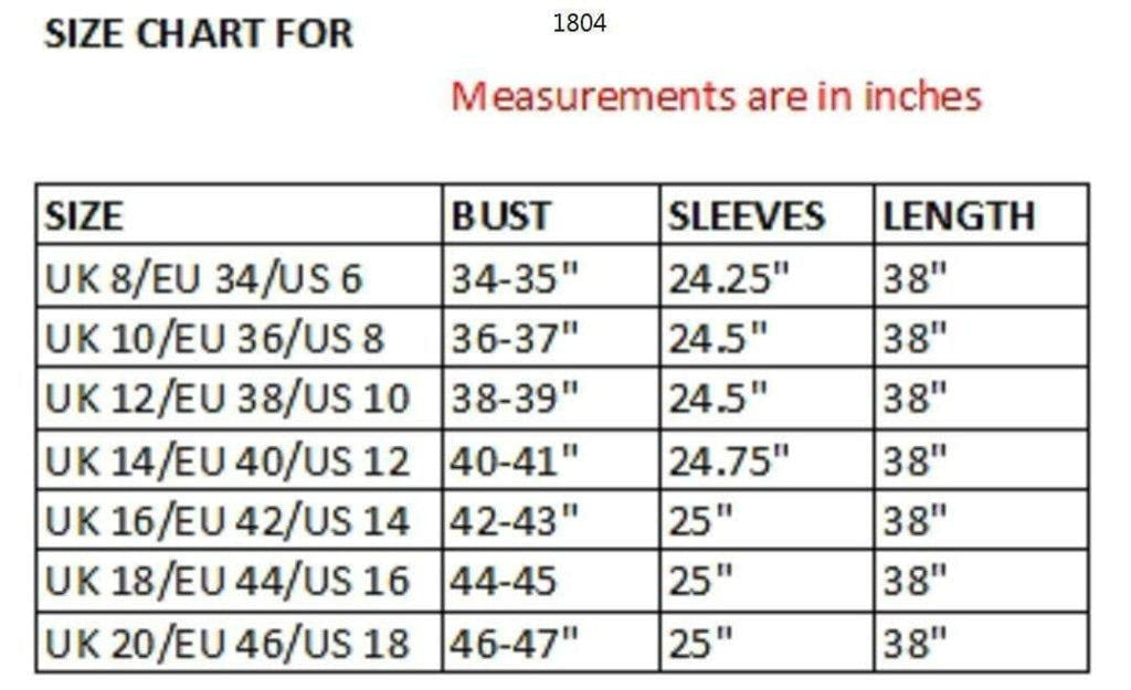 Size chart for clothing measurements in inches