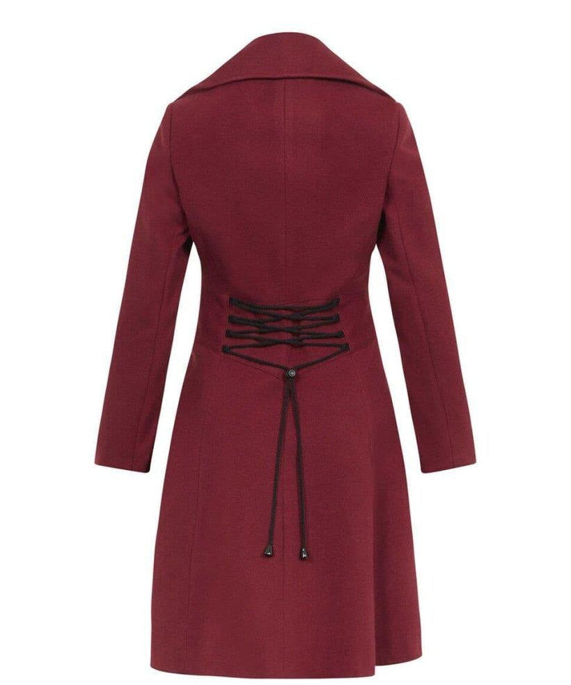 Maroon coat with lace-up back on a white background