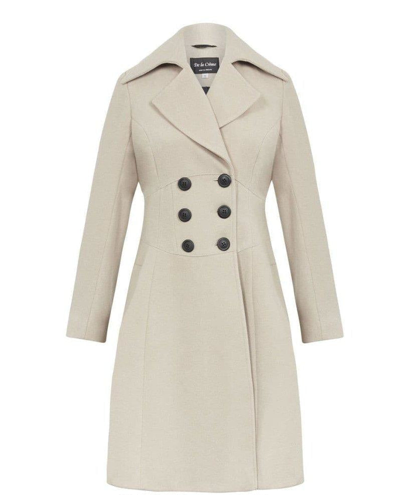 Beige trench coat with black buttons on a white background