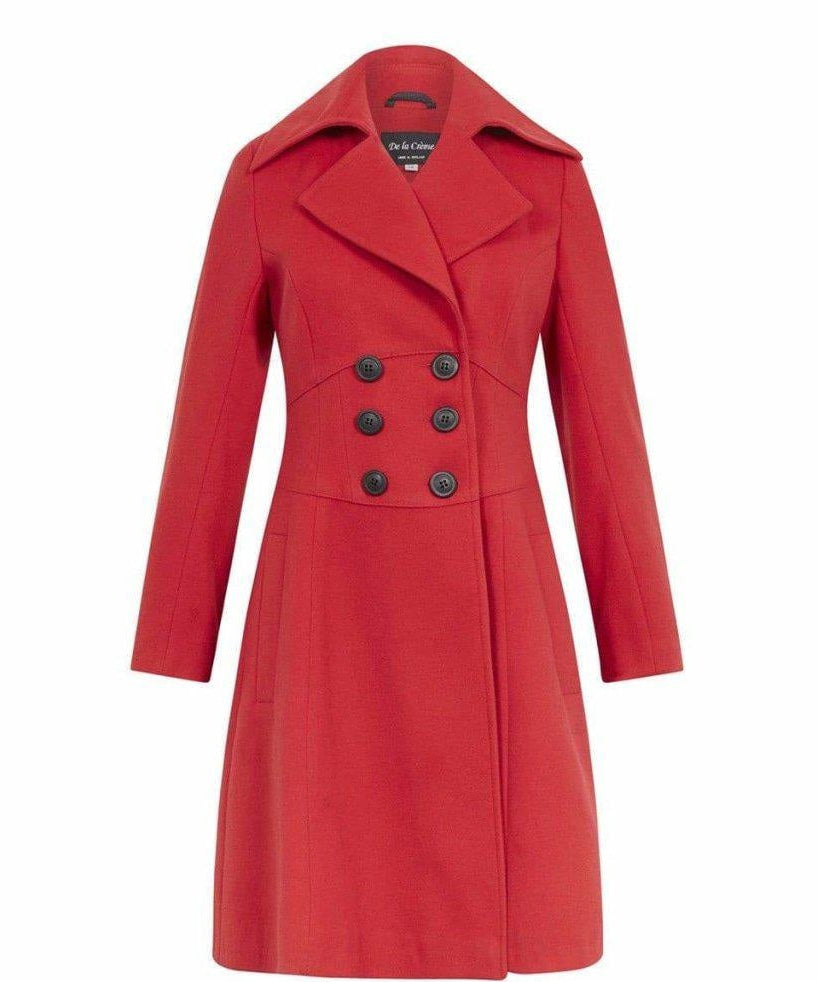 Red coat with black buttons on a white background