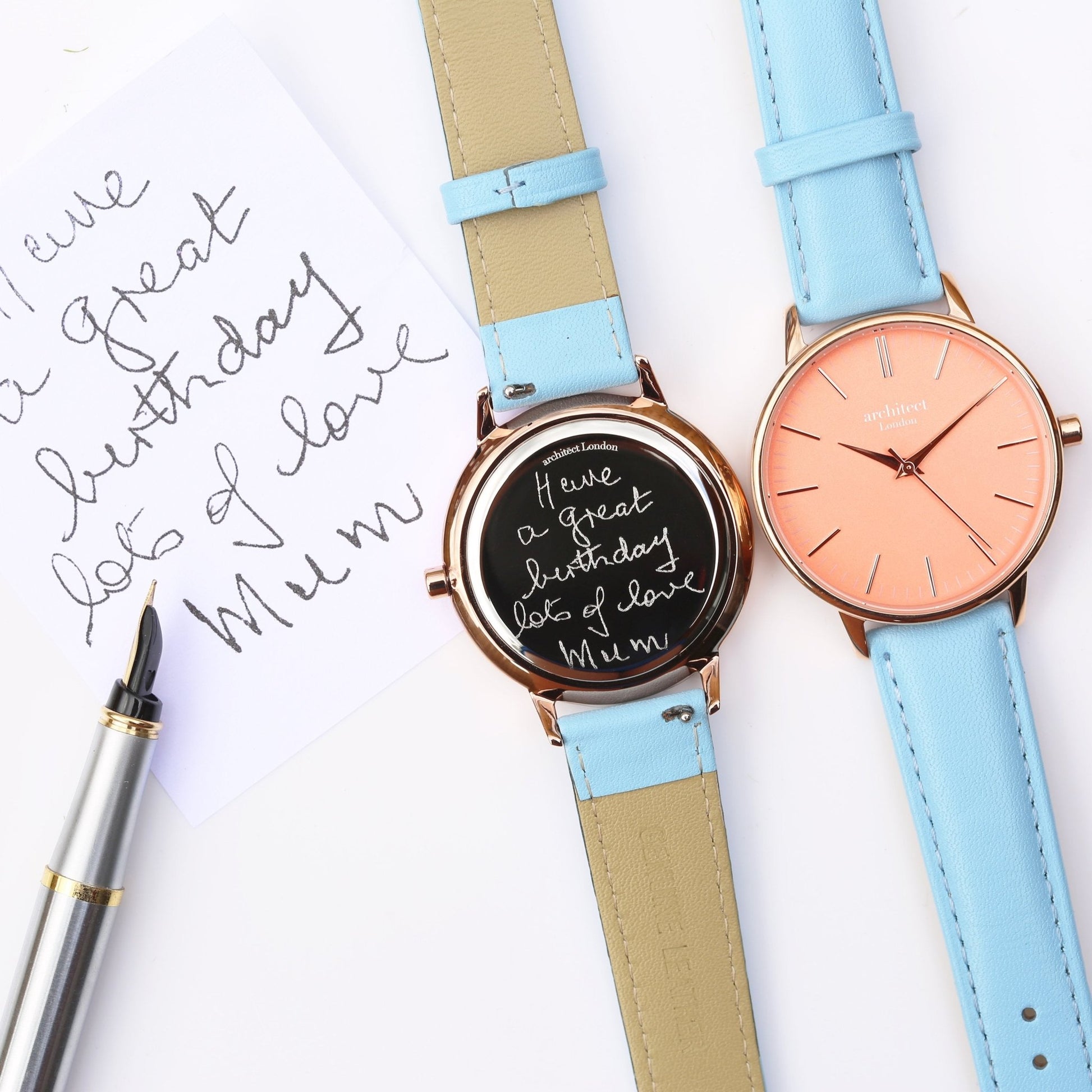 Ladies Architēct Coral Watch - Handwriting Engraving Light Blue Leather Strap - Style Queenz