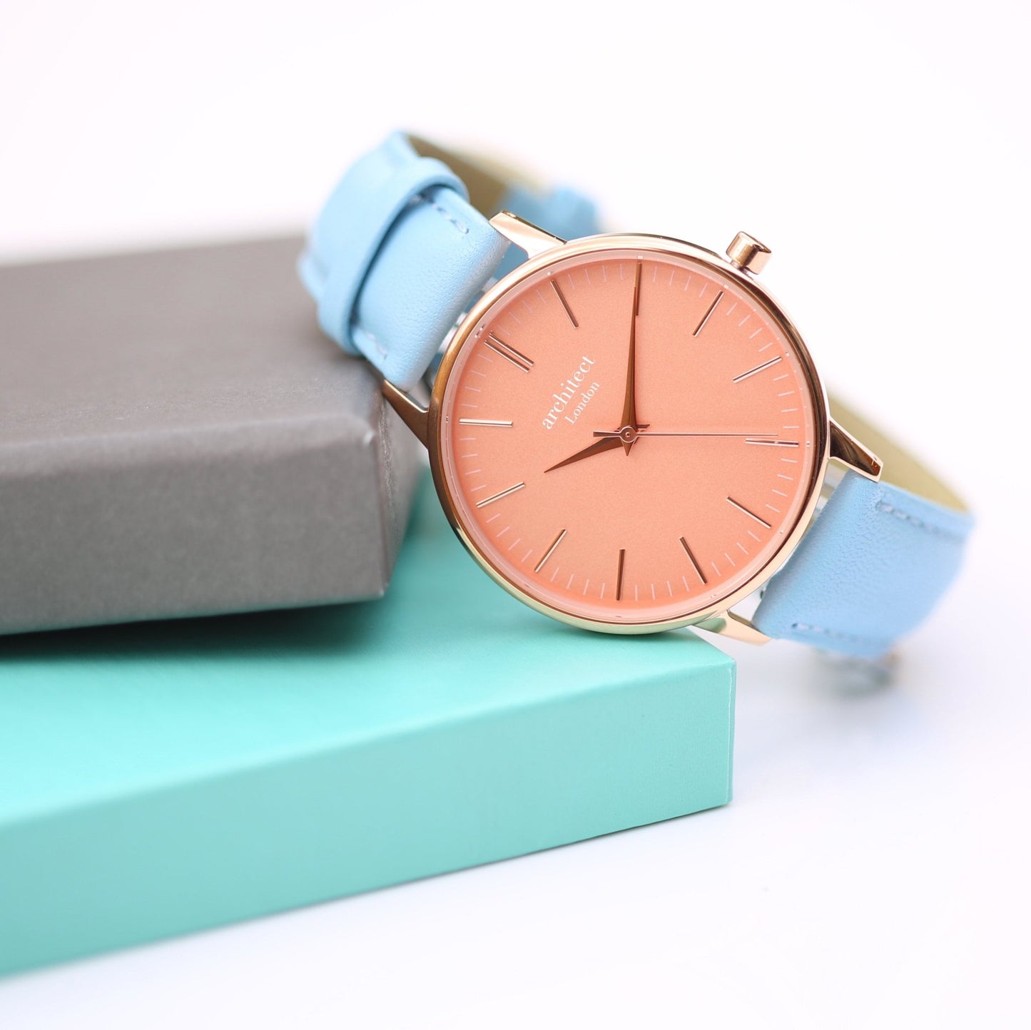 Ladies Architēct Coral Watch - Handwriting Engraving Light Blue Leather Strap - Style Queenz