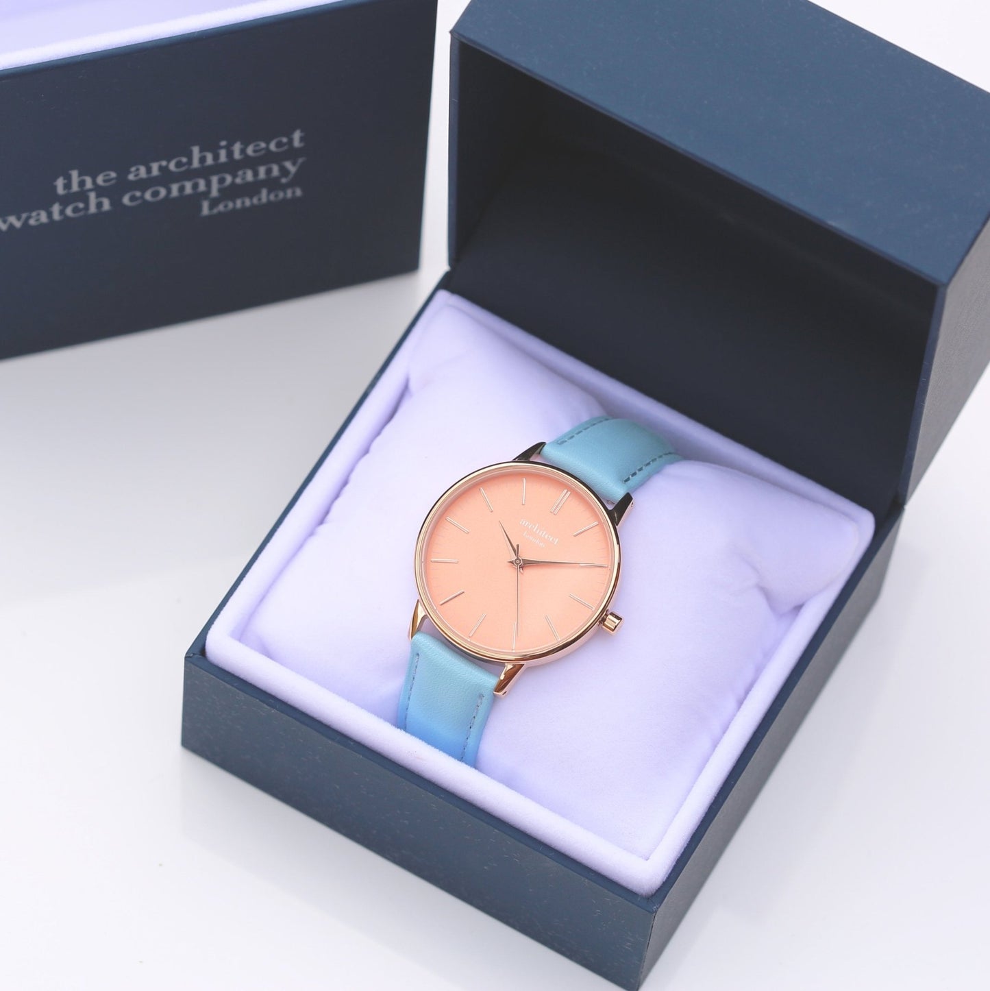 Ladies Architēct Coral Watch - Handwriting Engraving Light Blue Leather Strap - Style Queenz