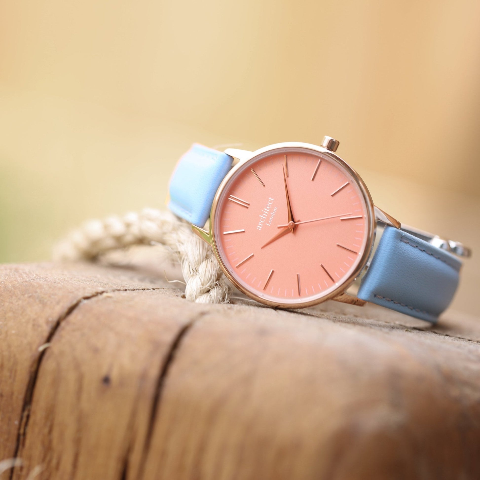 Ladies Architēct Coral Watch - Handwriting Engraving Light Blue Leather Strap - Style Queenz