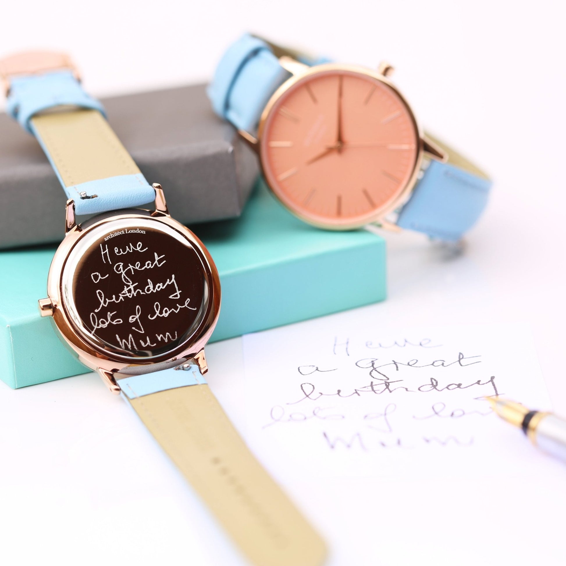 Ladies Architēct Coral Watch - Handwriting Engraving Light Blue Leather Strap - Style Queenz