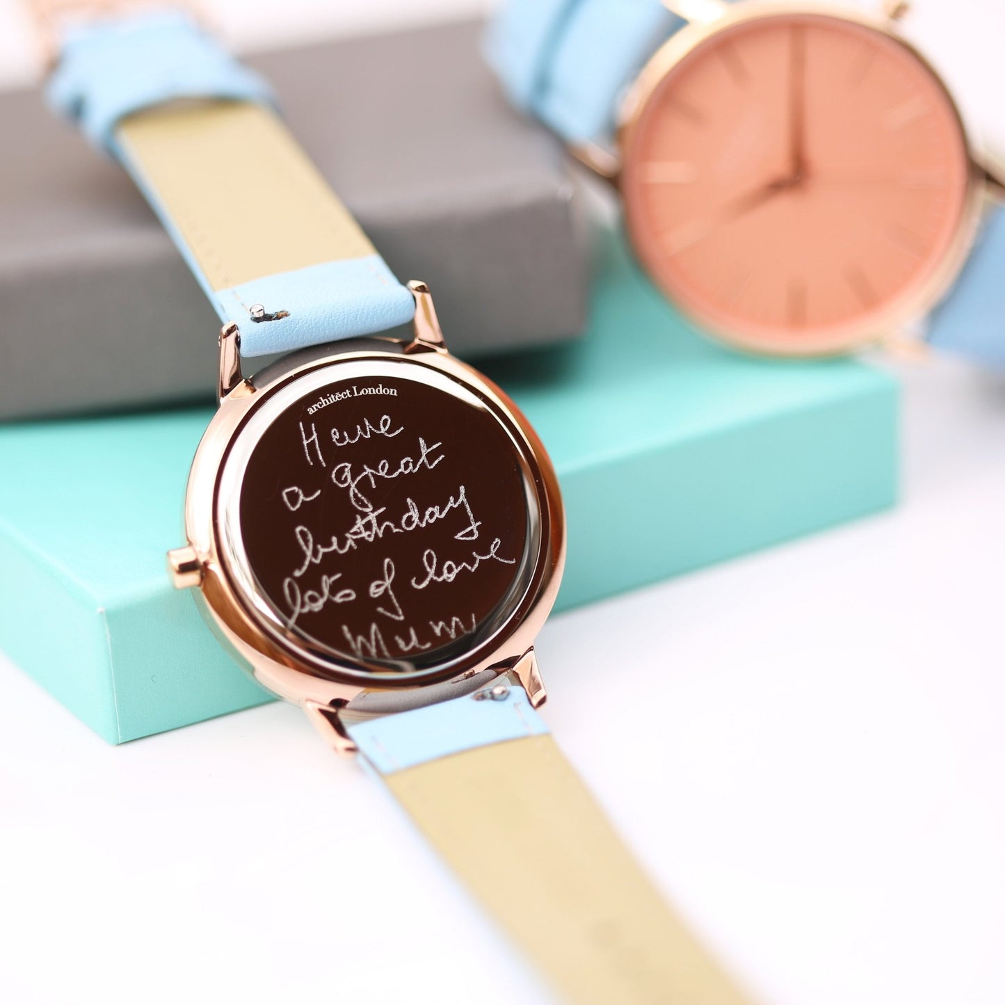 Ladies Architēct Coral Watch - Handwriting Engraving Light Blue Leather Strap - Style Queenz