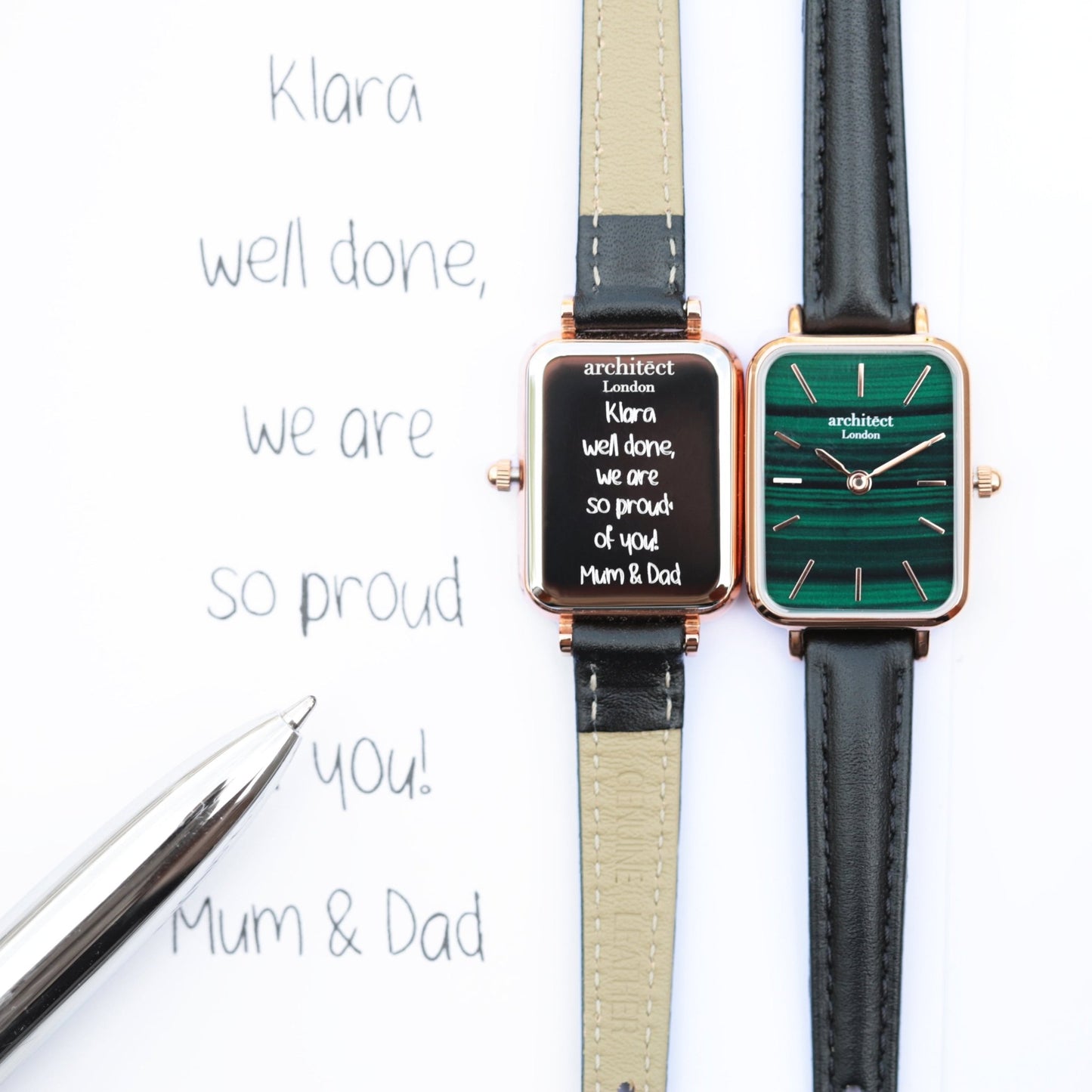 Ladies Architēct Lille Pine Green Watch - Handwriting Engraving Leather Strap - Style Queenz