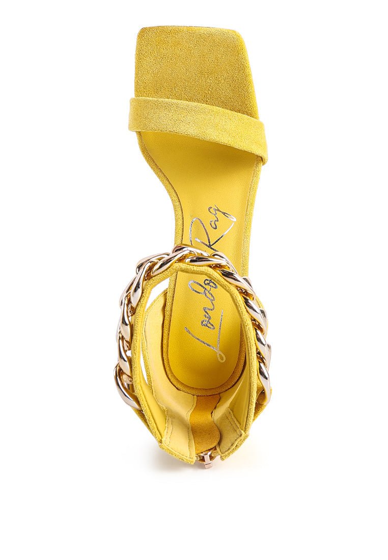 Last Sip Micro Suede High Heel Sandals - Metallic Chain Detail Stilettos - Style Queenz